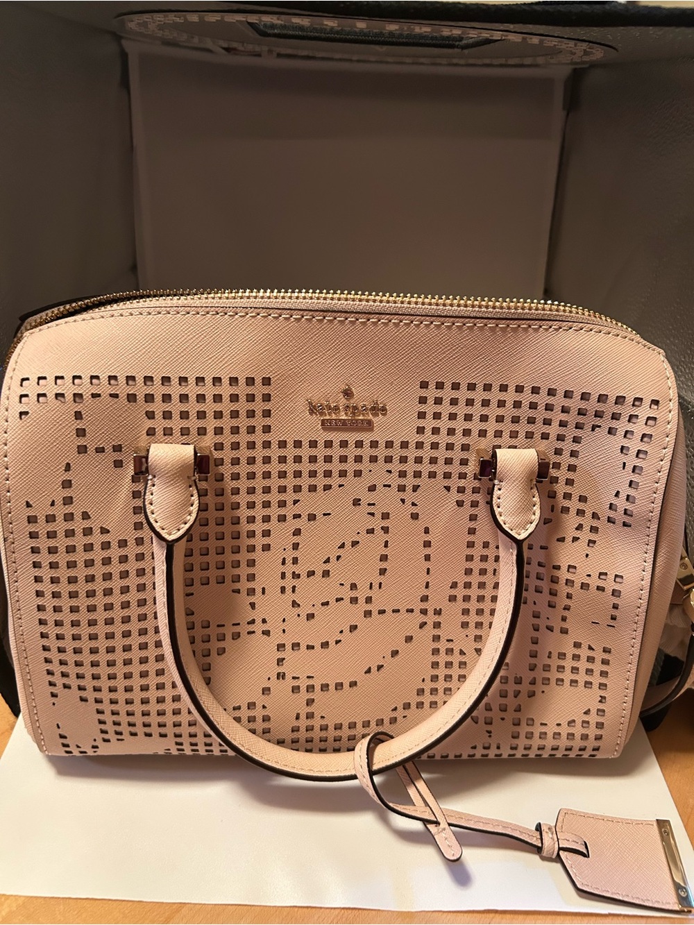 Kate Spade pink Cameron Sreet floral design laser cut satchel strap office core
